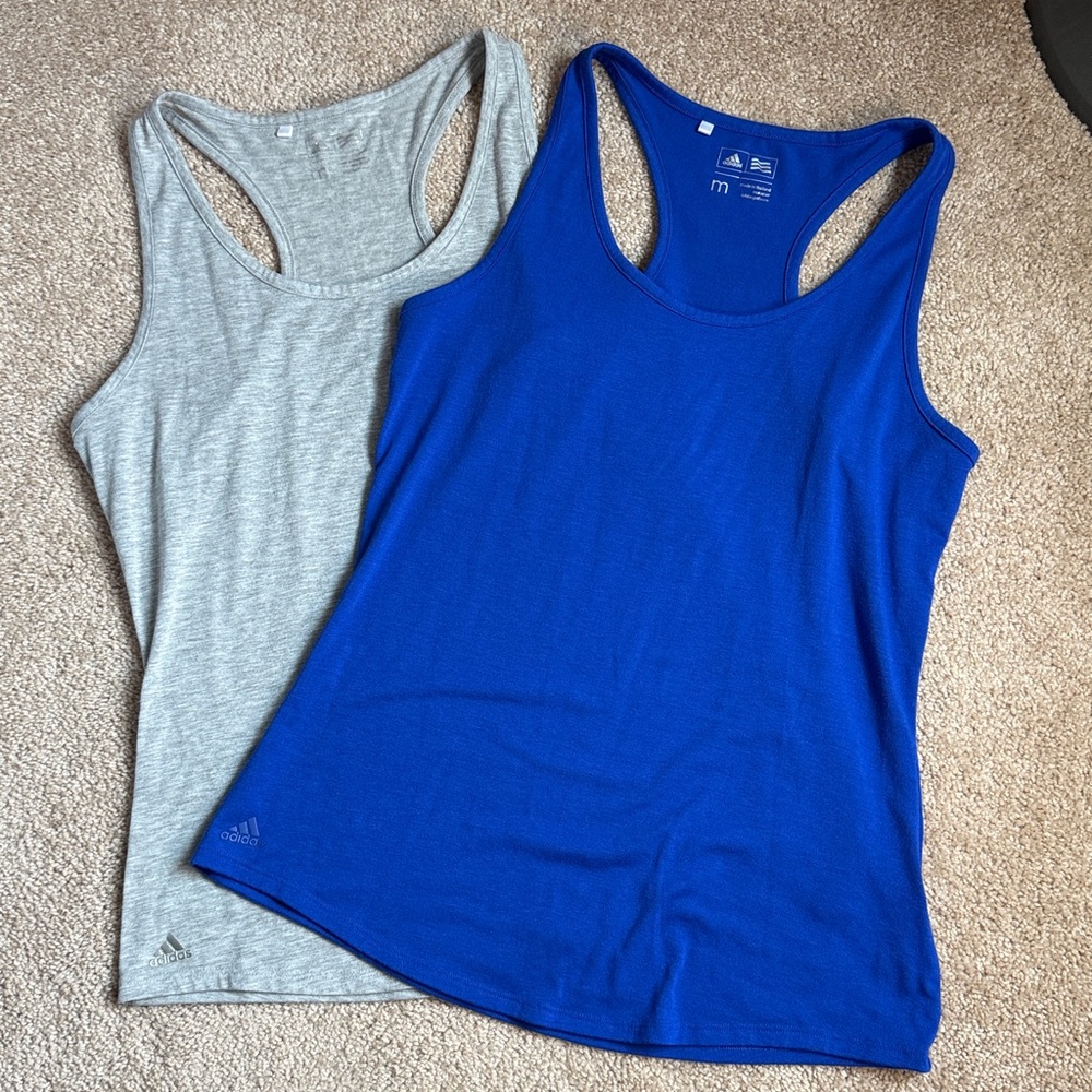 Adidas Set Of 2 Racerback Athletic Tank Tops. Grey and Blue.  Size Medium